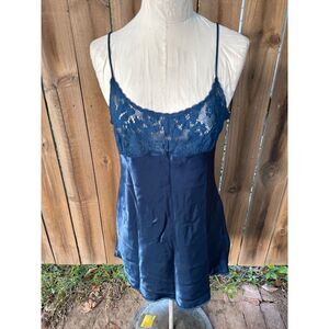 Vintage 80s VAL MODE Lingerie Mini GOWN Chemise Short Liquid Satin Lace Teal M